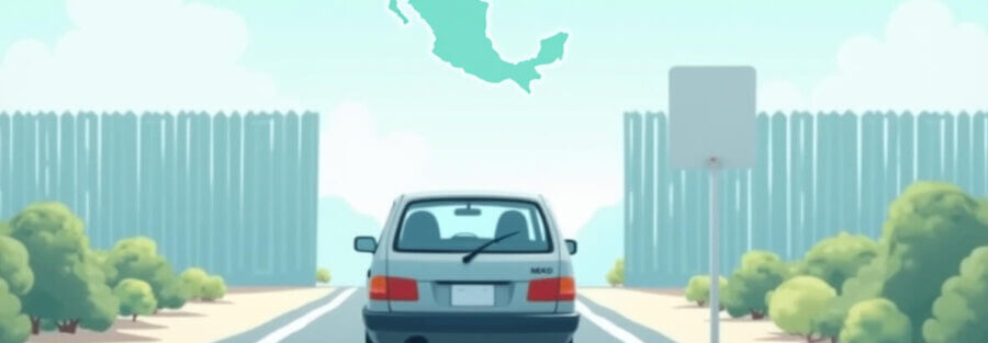 Vehículo legalizado cruzando una frontera en México con un mapa de fondo, asegurado con el seguro auto fronterizo mexico.