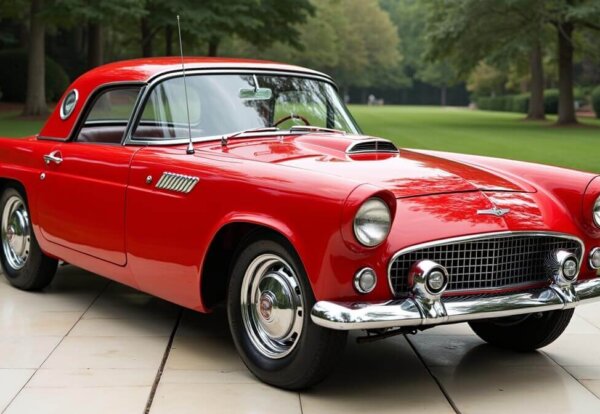 Auto clásico rojo brillante bien conservado en exhibición, asegurado con un seguro autos clásicos para proteger su valor histórico.