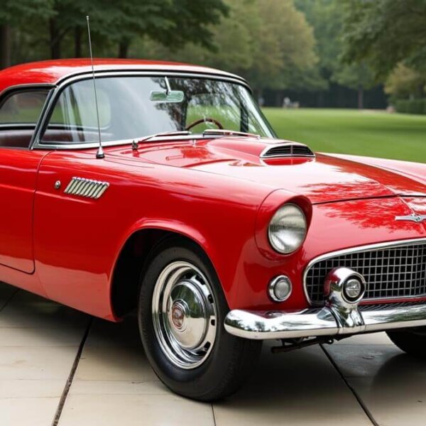 Auto clásico rojo brillante bien conservado en exhibición, asegurado con un seguro autos clásicos para proteger su valor histórico.