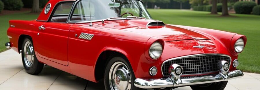 Auto clásico rojo brillante bien conservado en exhibición, asegurado con un seguro autos clásicos para proteger su valor histórico.